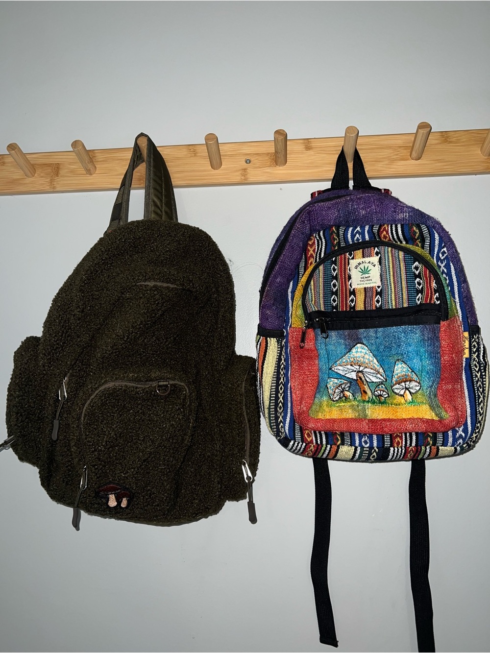 Set-of-two Handwoven Multi-Color Backpacks with Mushroom Prints